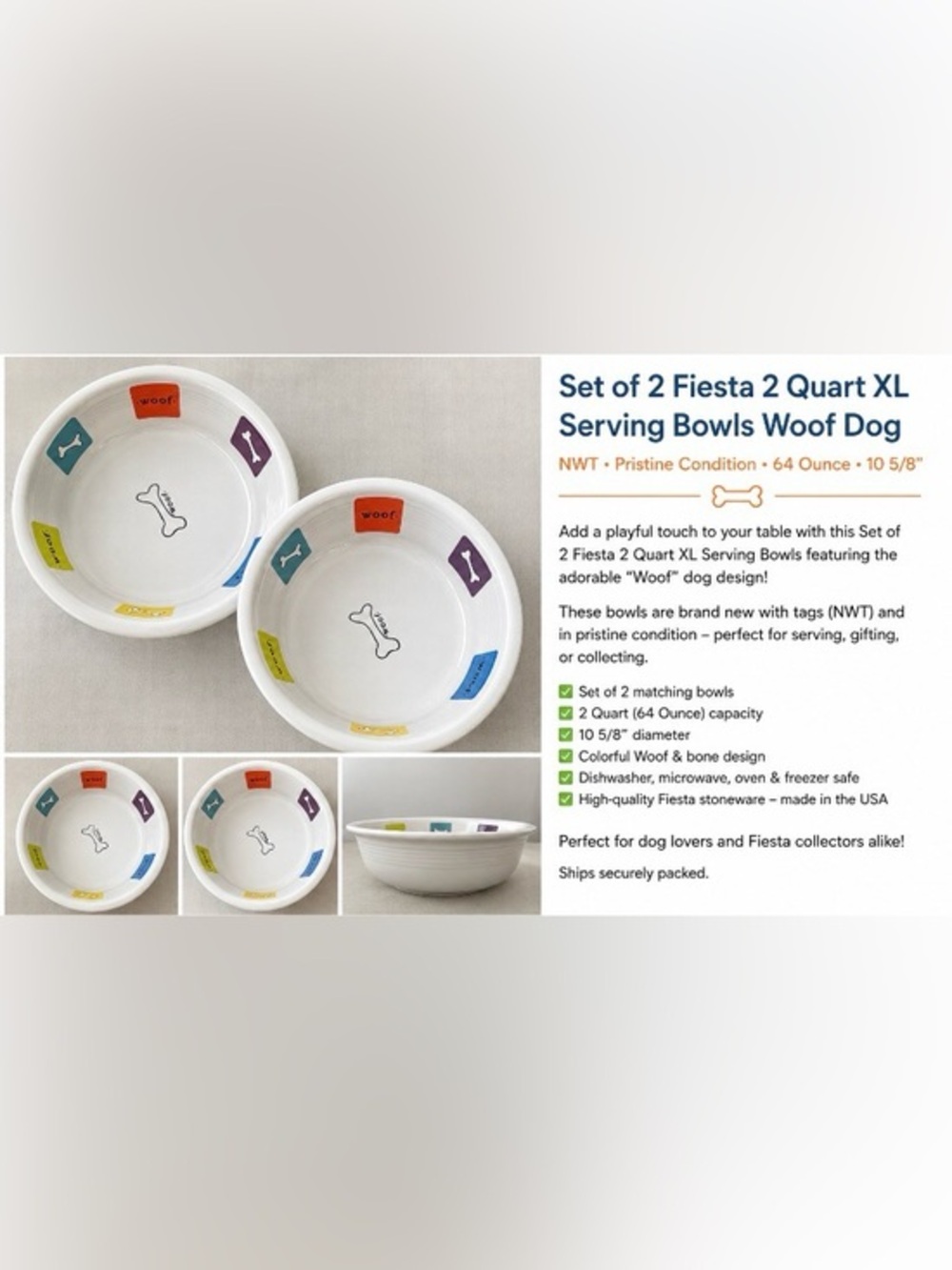 Set of 2 Fiesta 2 Quart XL Serving Bowls Woof Dog NWT Pristine 64 Ounce 10 5/8 “